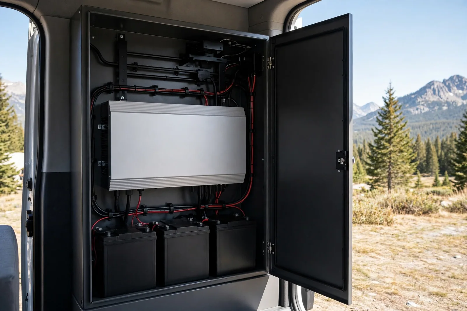 Camper van electrical cabinet with batteries and inverter