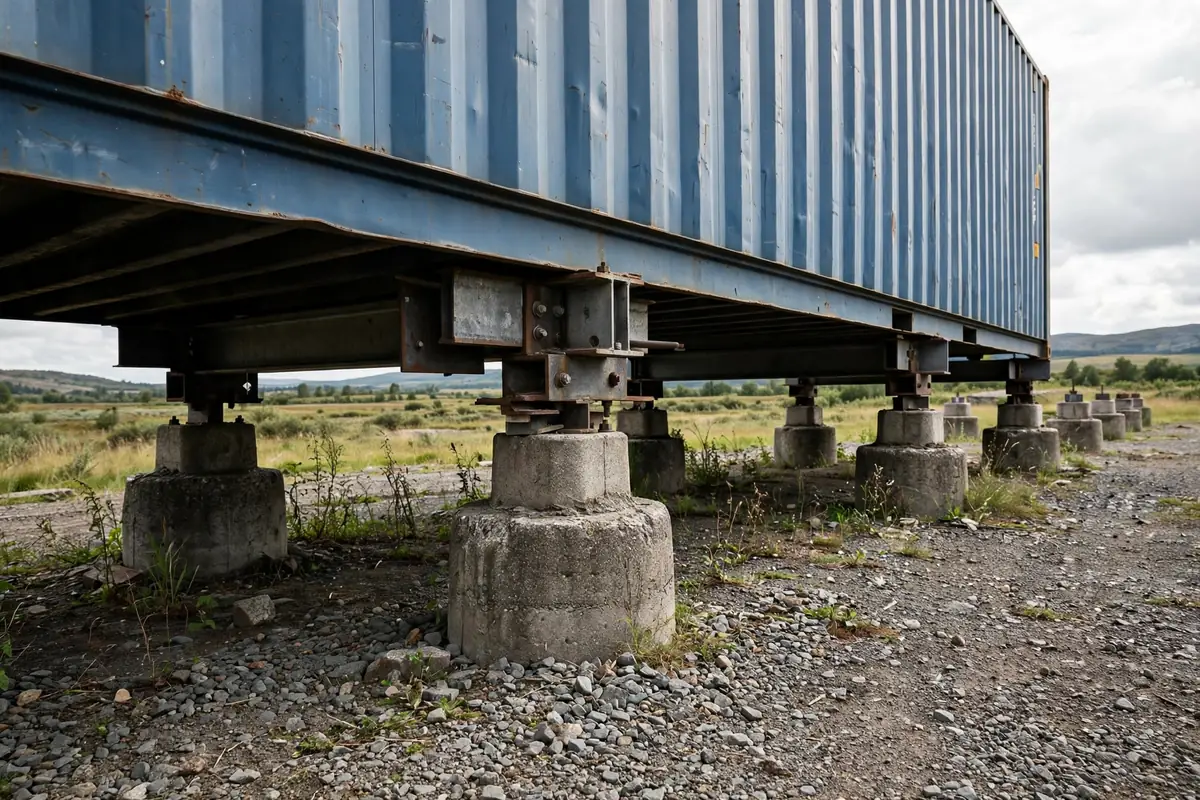 Low angle view of concrete pier foundations and steel brackets supporting a raised shipping container