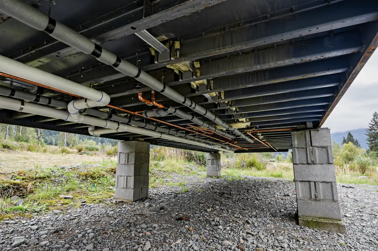 Underside of a raised shipping container on concrete block piers showing routed plumbing pipes and insulated water lines