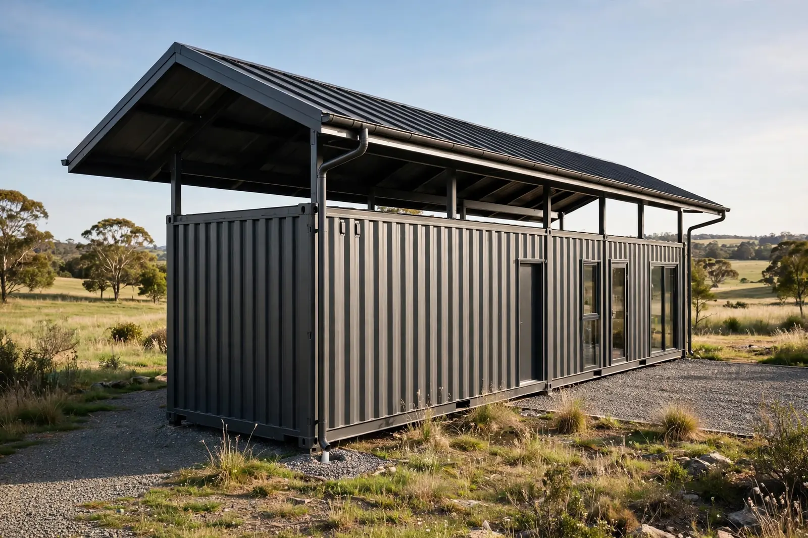 Shipping container home with a secondary pitched metal roof and gutters, side view in daylight