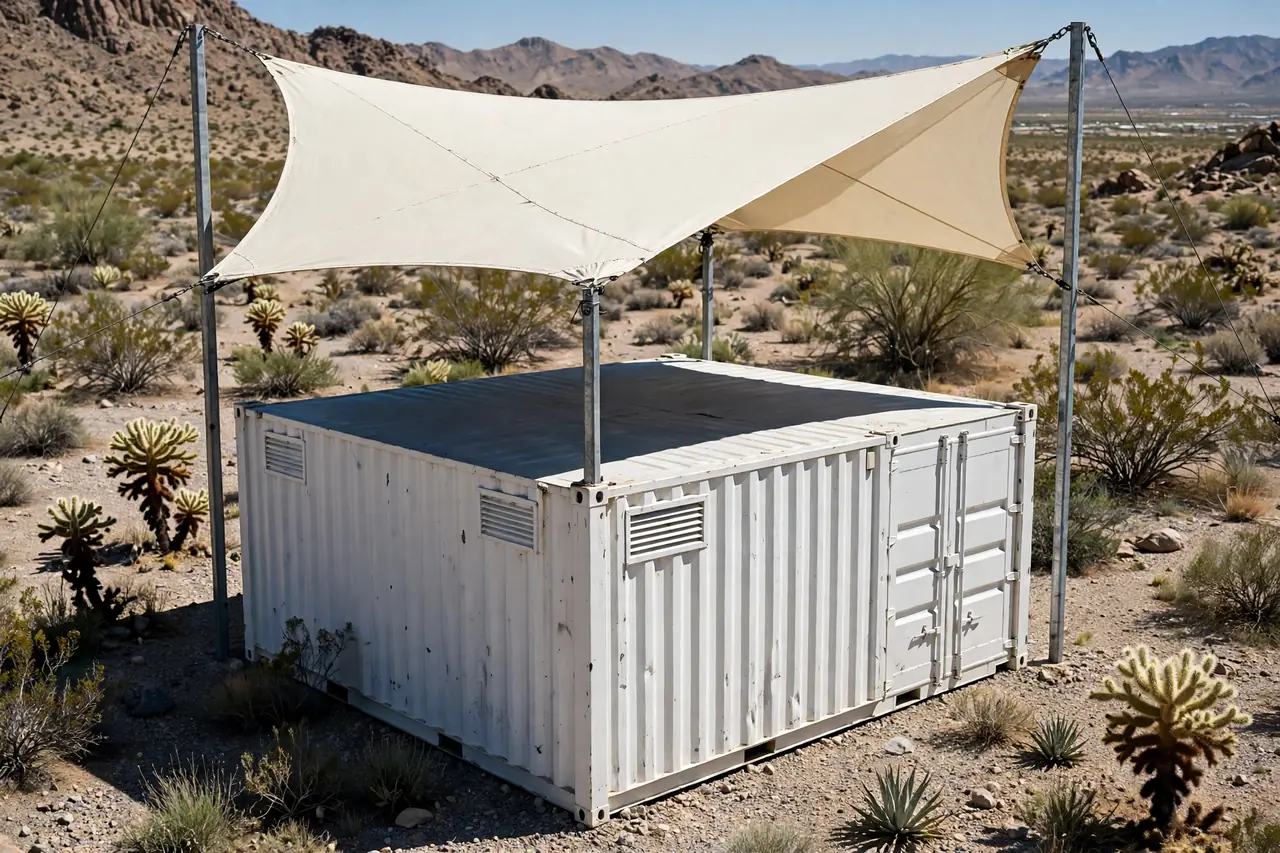 White shipping container shaded by a large cream canvas shade sail on steel posts in the desert