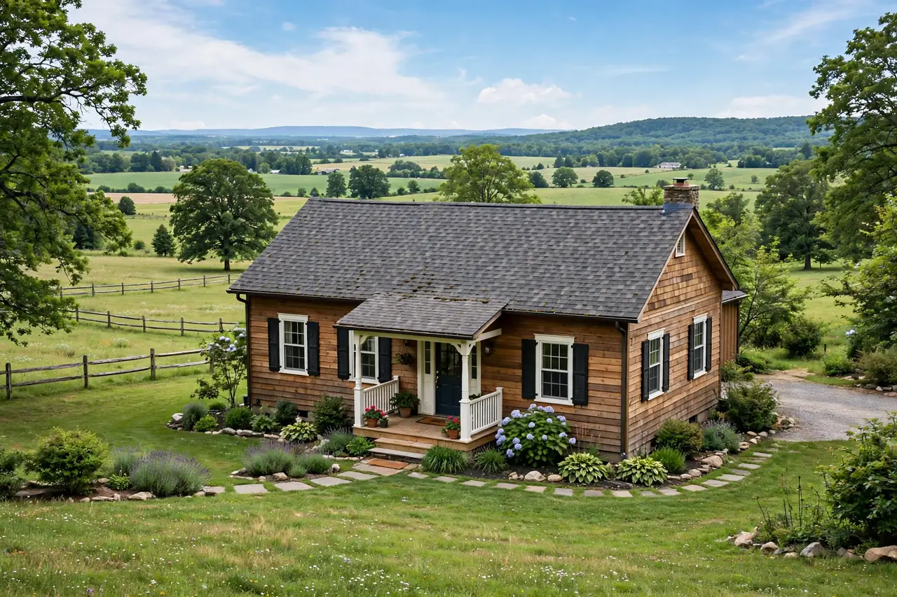 Cottage style home with wooden siding and pitched shingle roof disguising its shipping container structure