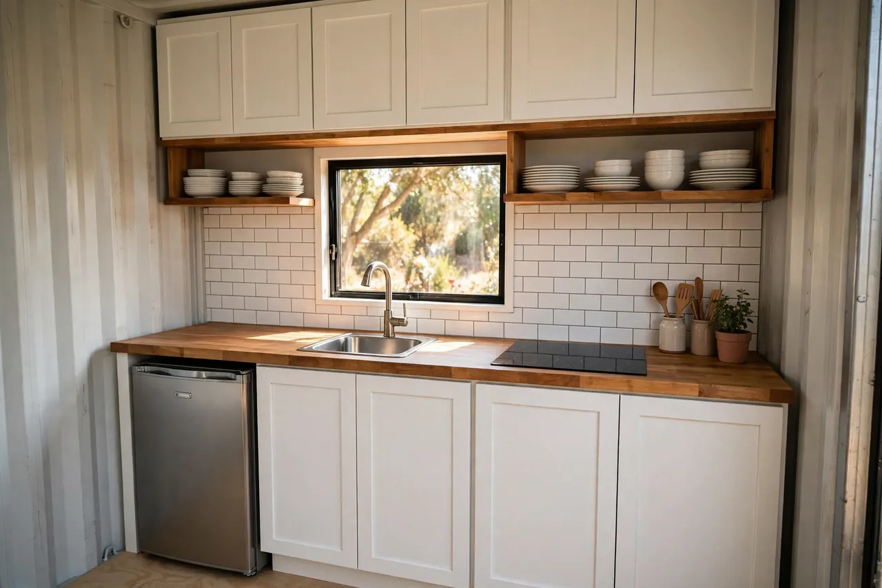 Compact container home kitchen with white shaker cabinets, butcher block countertop, subway tile, and stainless sink