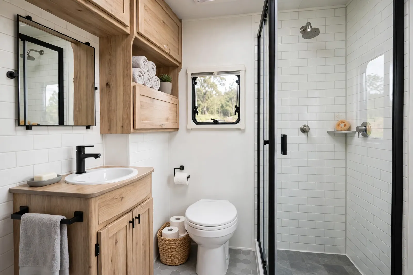 Motorhome dry bathroom with separate glass shower stall, sink, and toilet