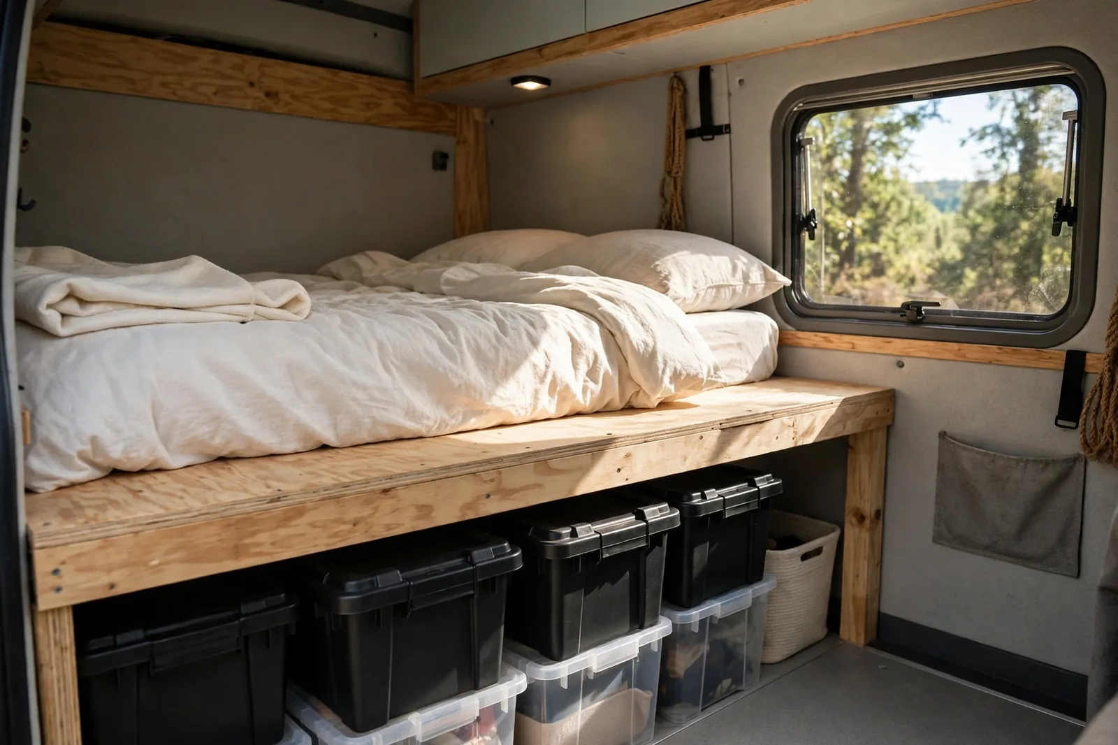 Simple DIY camper van platform bed with storage boxes underneath