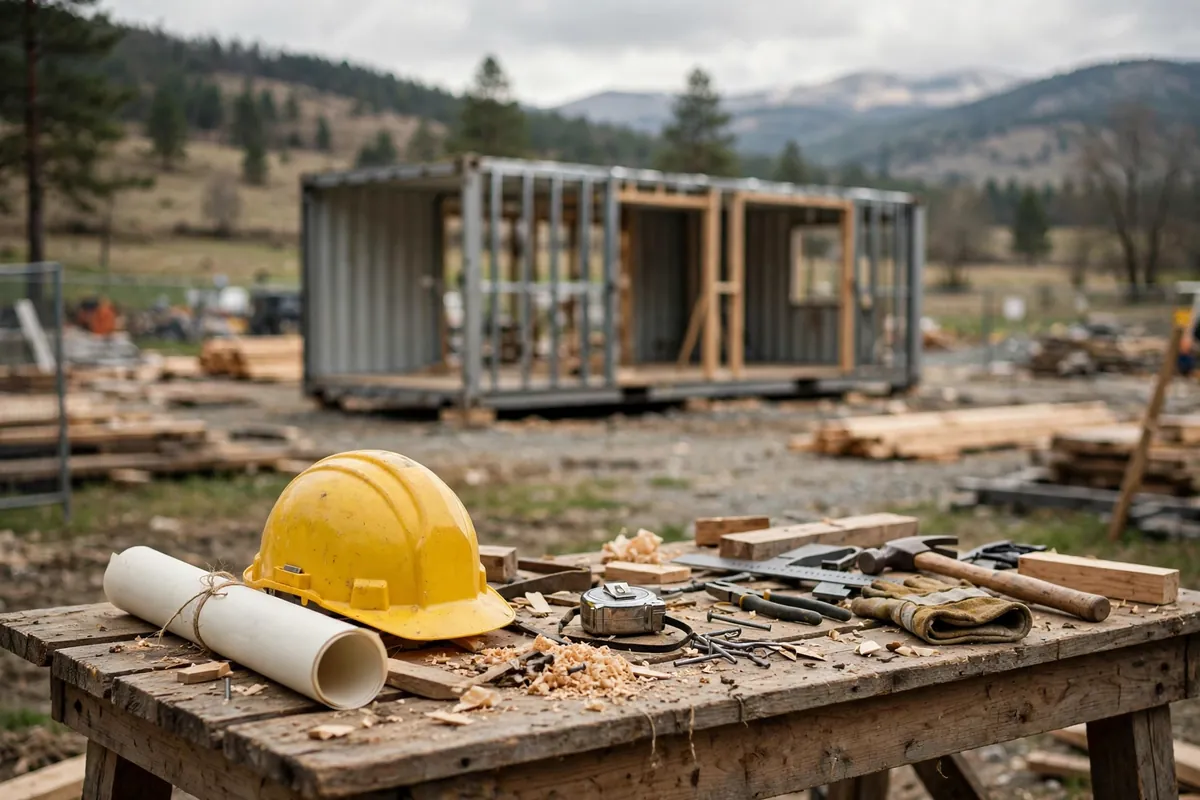 Yellow hard hat and rolled blueprint on a workbench at a shipping container home construction site
