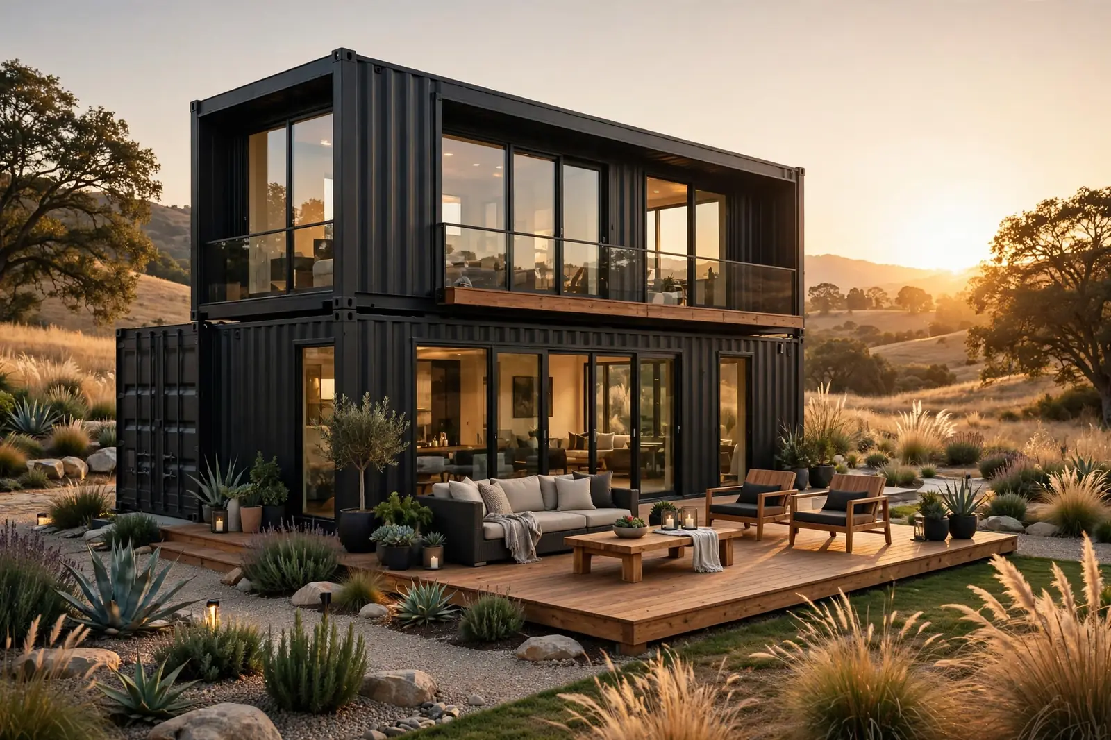 Finished modern black shipping container home at sunset with glass walls, wooden deck, and landscaped yard