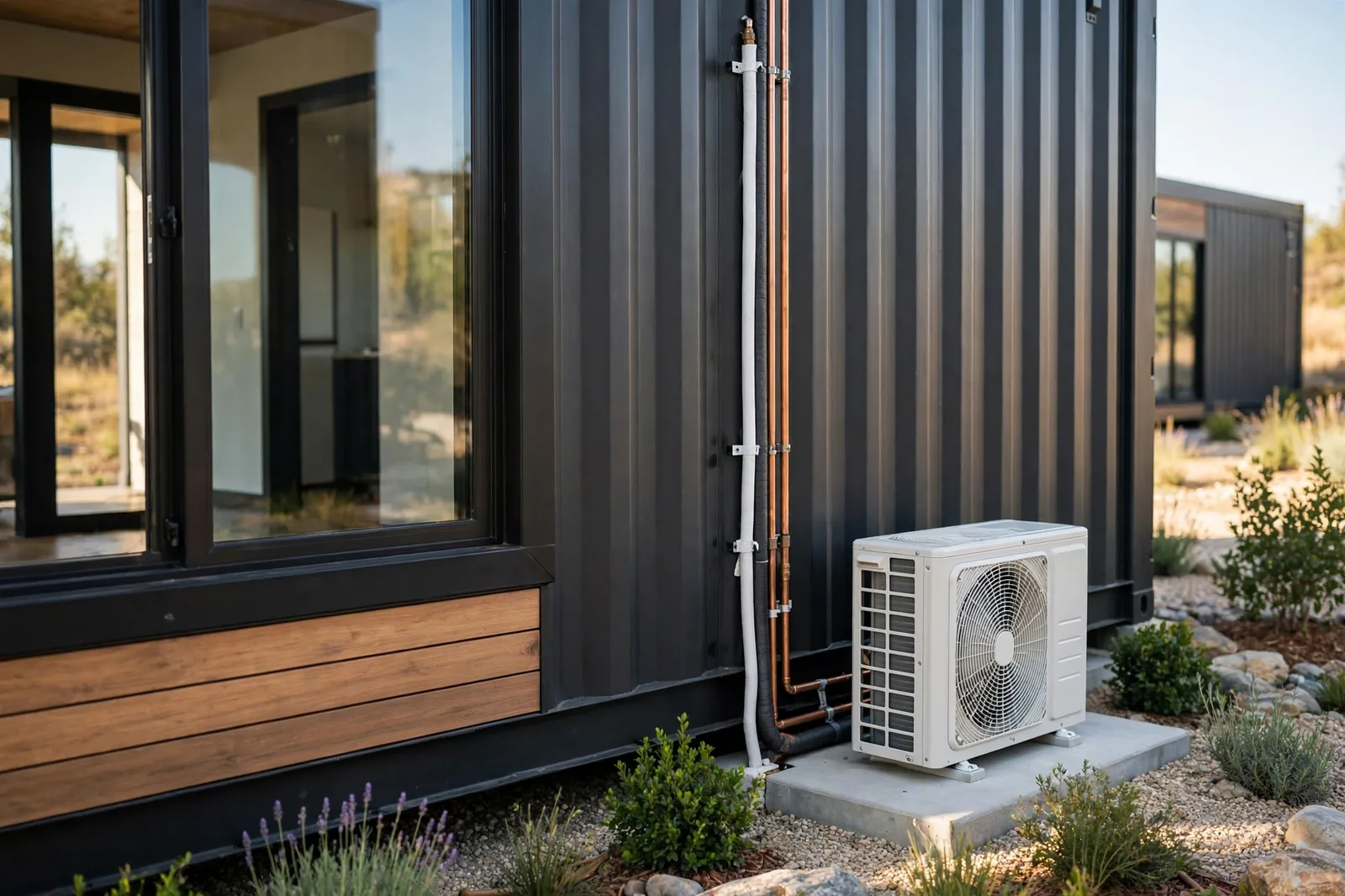 Outdoor mini-split heat pump unit installed on a pad beside a modern shipping container home exterior wall
