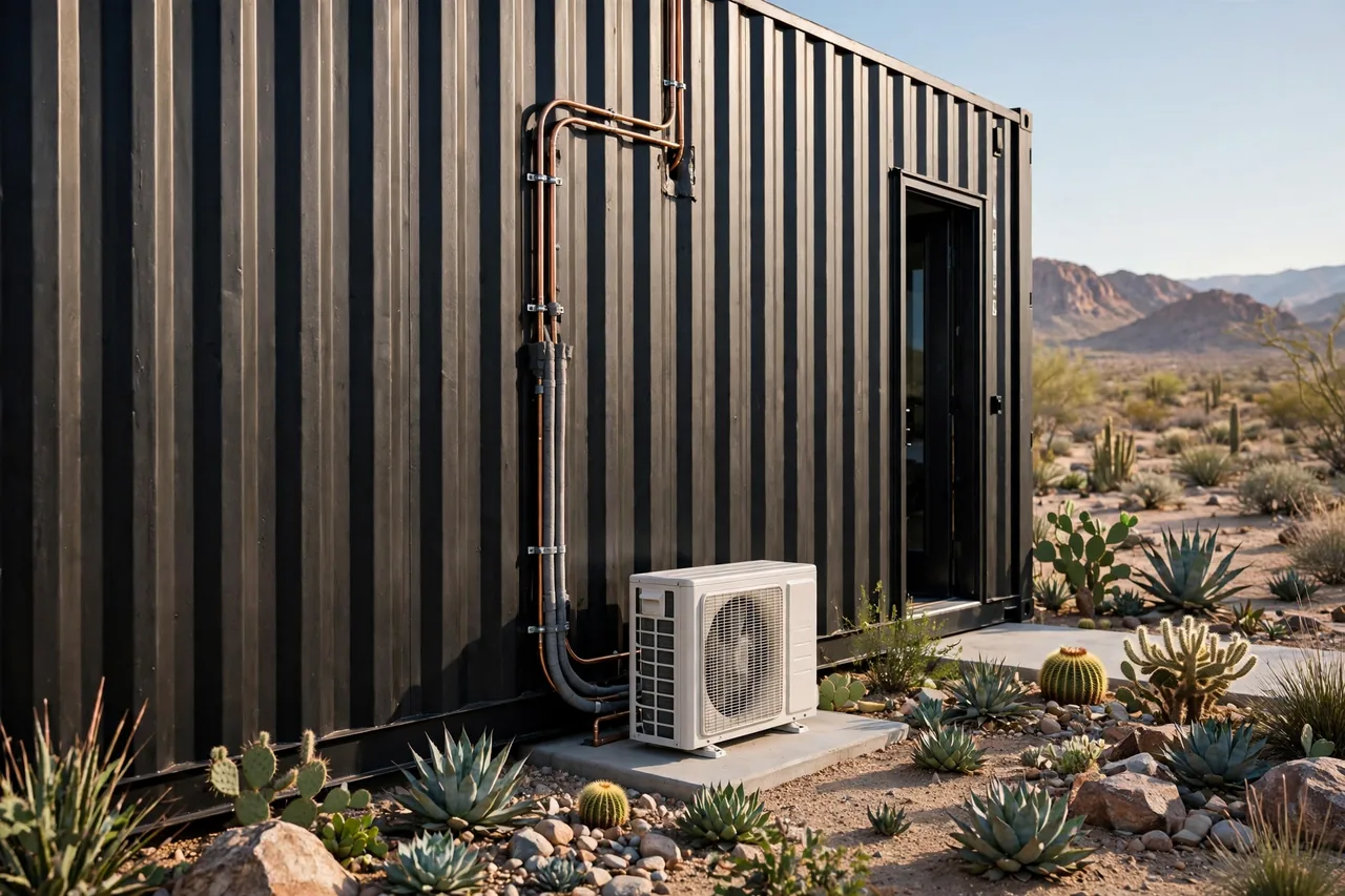 White mini-split air conditioner condenser unit with copper line set mounted beside a finished black container home in the desert
