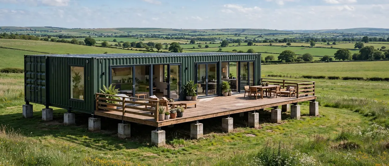 Modern shipping container home raised on concrete piers with a wide wooden deck facing an open rural view