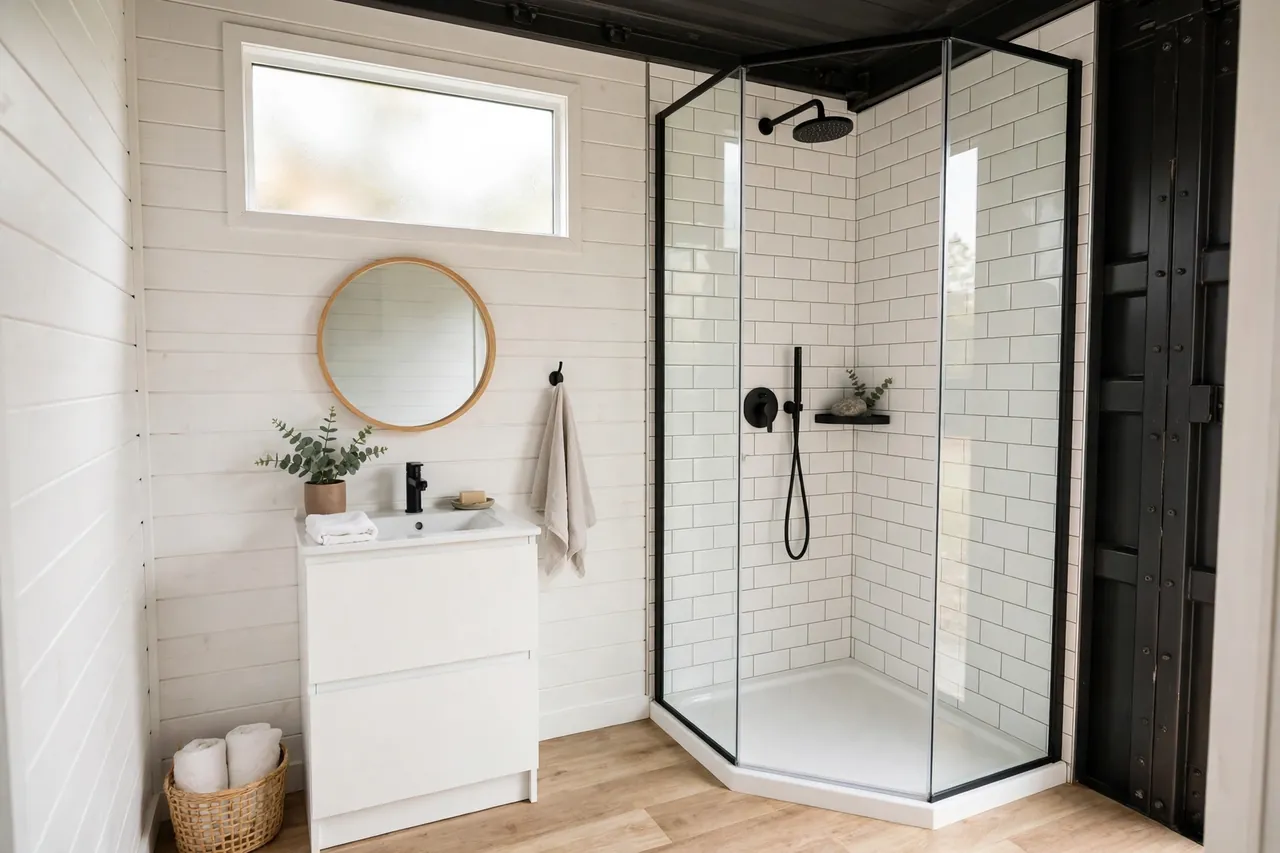 Small modern container home bathroom with glass corner shower, white vanity, round mirror, and shiplap walls