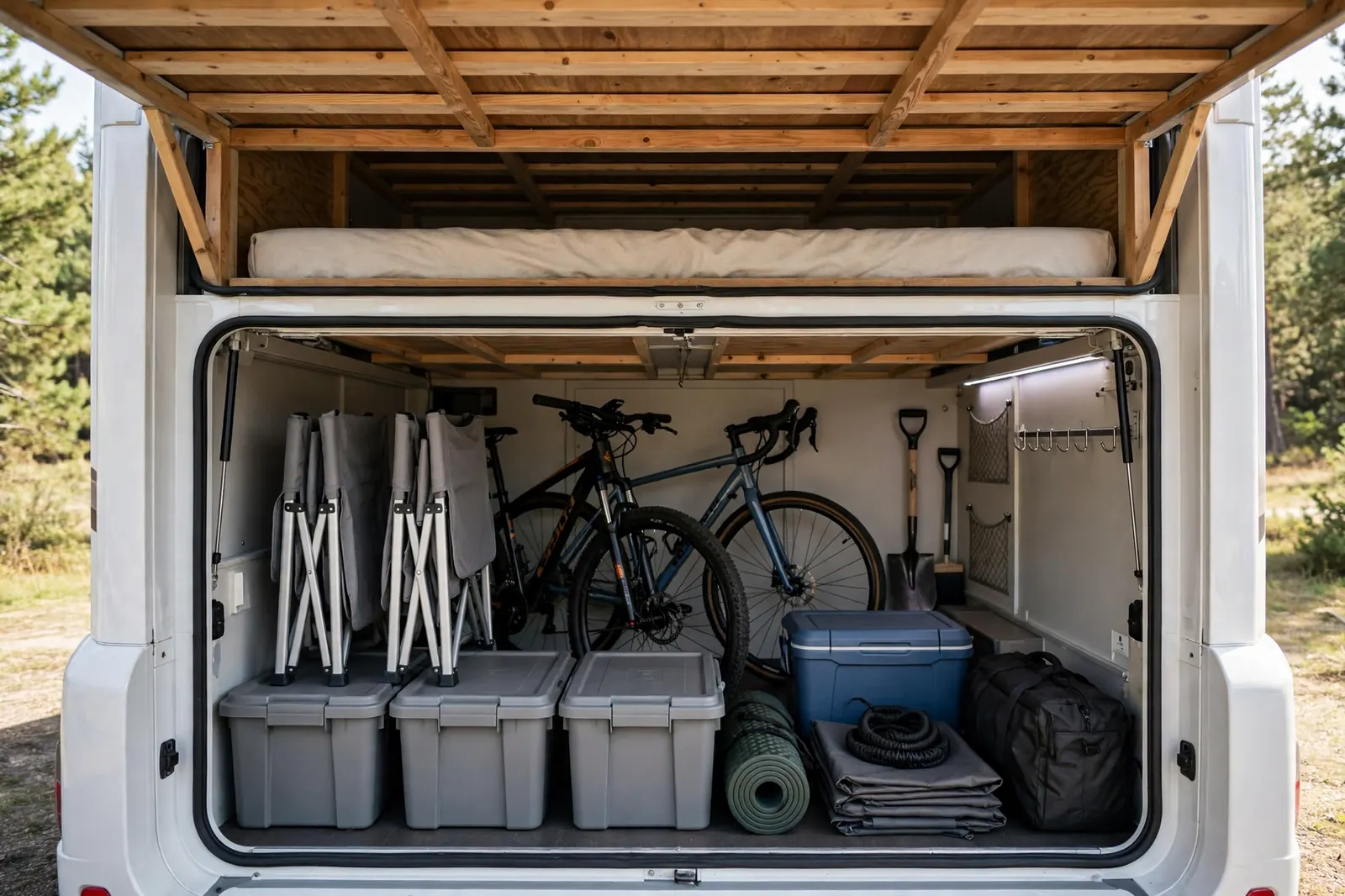 Open motorhome rear garage storage with bikes, camping chairs, and gear bins