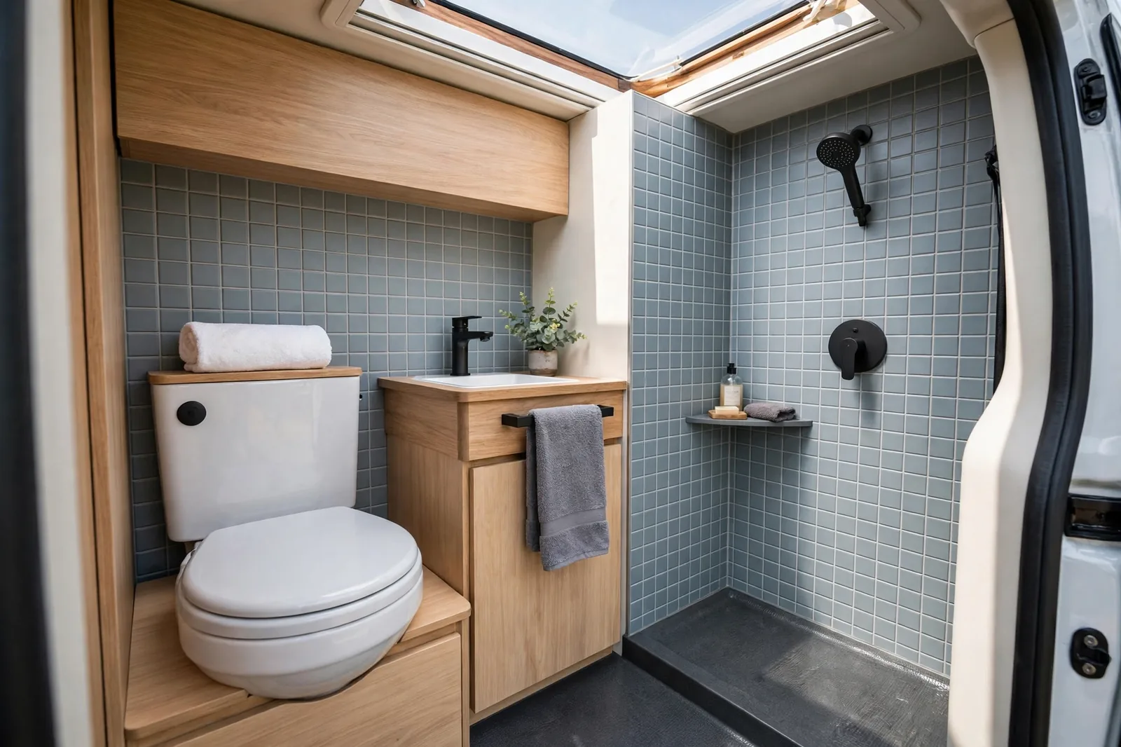 Compact luxury camper van wet bath with shower and toilet