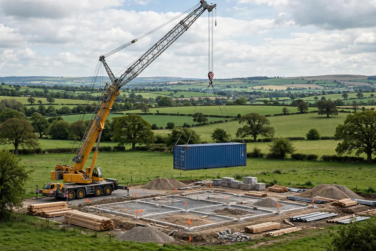 Crane lifting a blue shipping container onto prepared foundations on a rural building plot