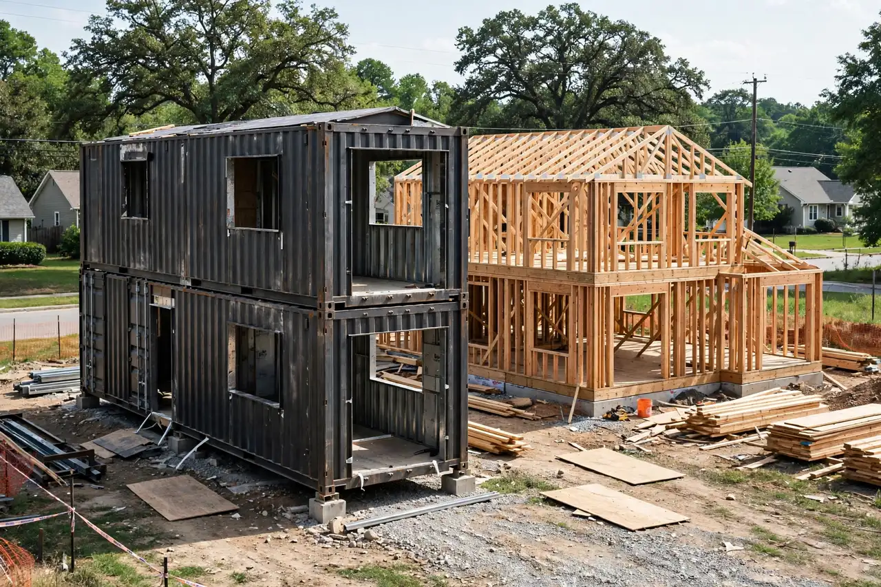 A steel container home shell under construction standing next to a wood framed house at the same building stage