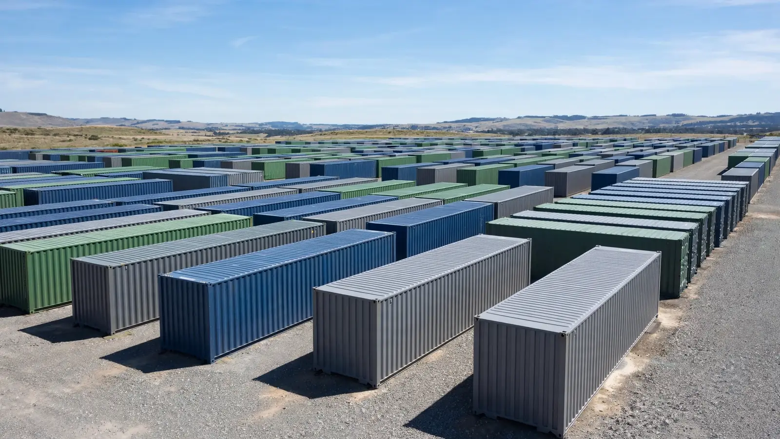 Rows of shipping containers in bright daylight at a depot yard, one-trip condition units in solid colors