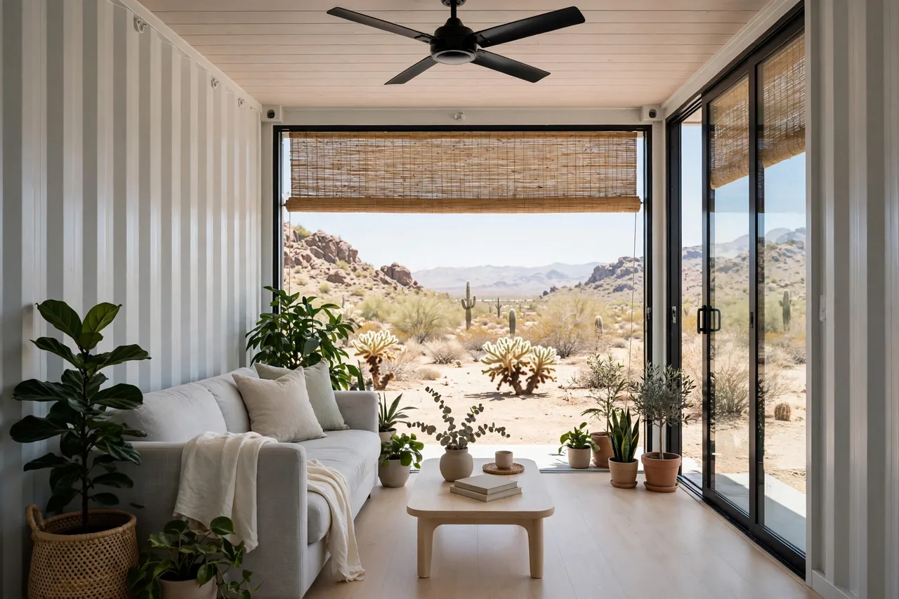 Bright airy living room inside a finished container home, large shaded glass doors opening to desert views with a ceiling fan