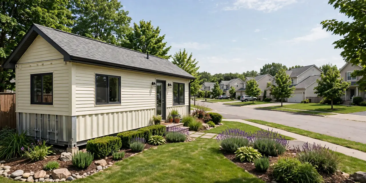 Shipping container home clad in cream lap siding with a pitched roof blending into a suburban street