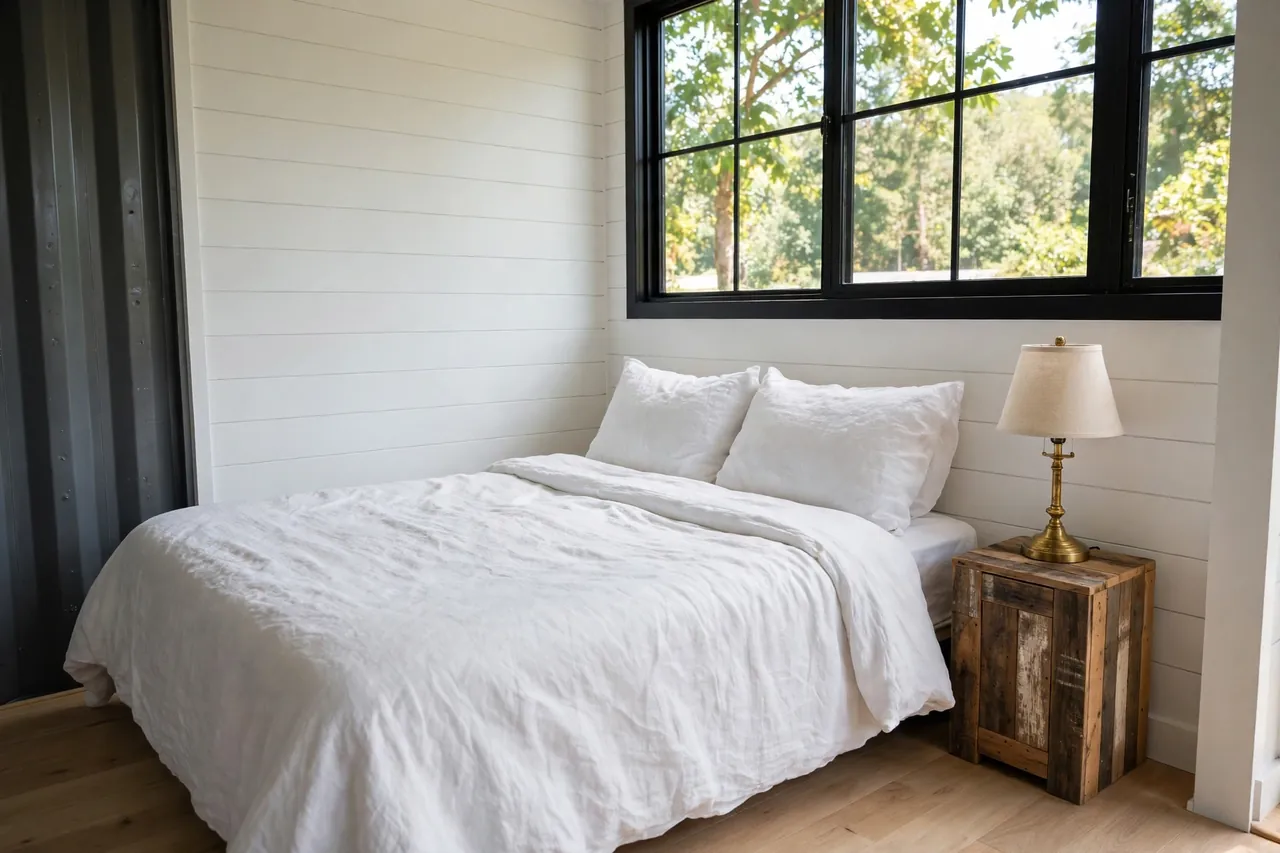 Cozy bedroom corner in a container home with white linen bedding, wood nightstand, and large black-framed window