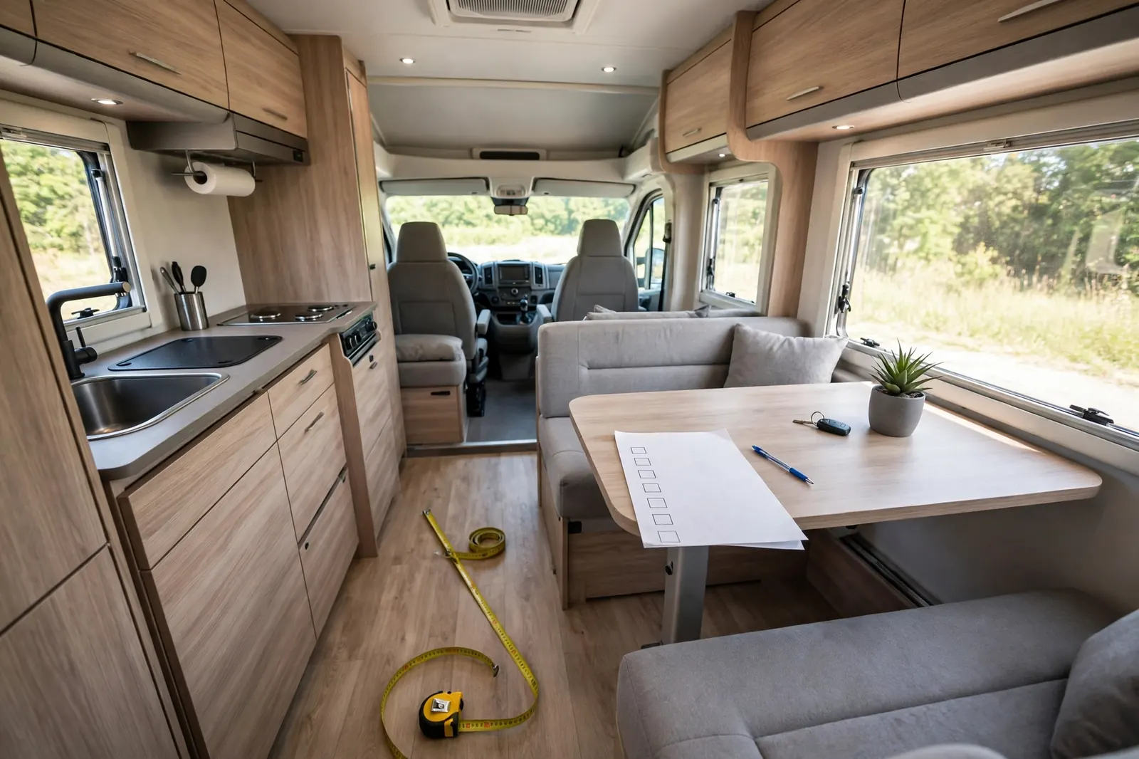 Motorhome lounge with dinette table, checklist, and tape measure for layout testing