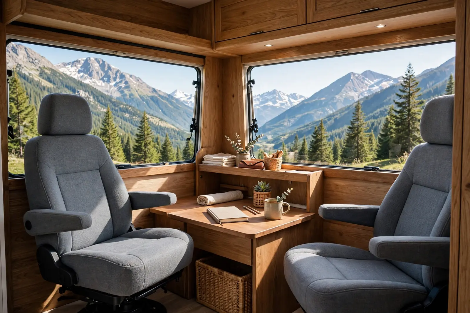 Camper van lounge and workspace with swivel seats and mountain view
