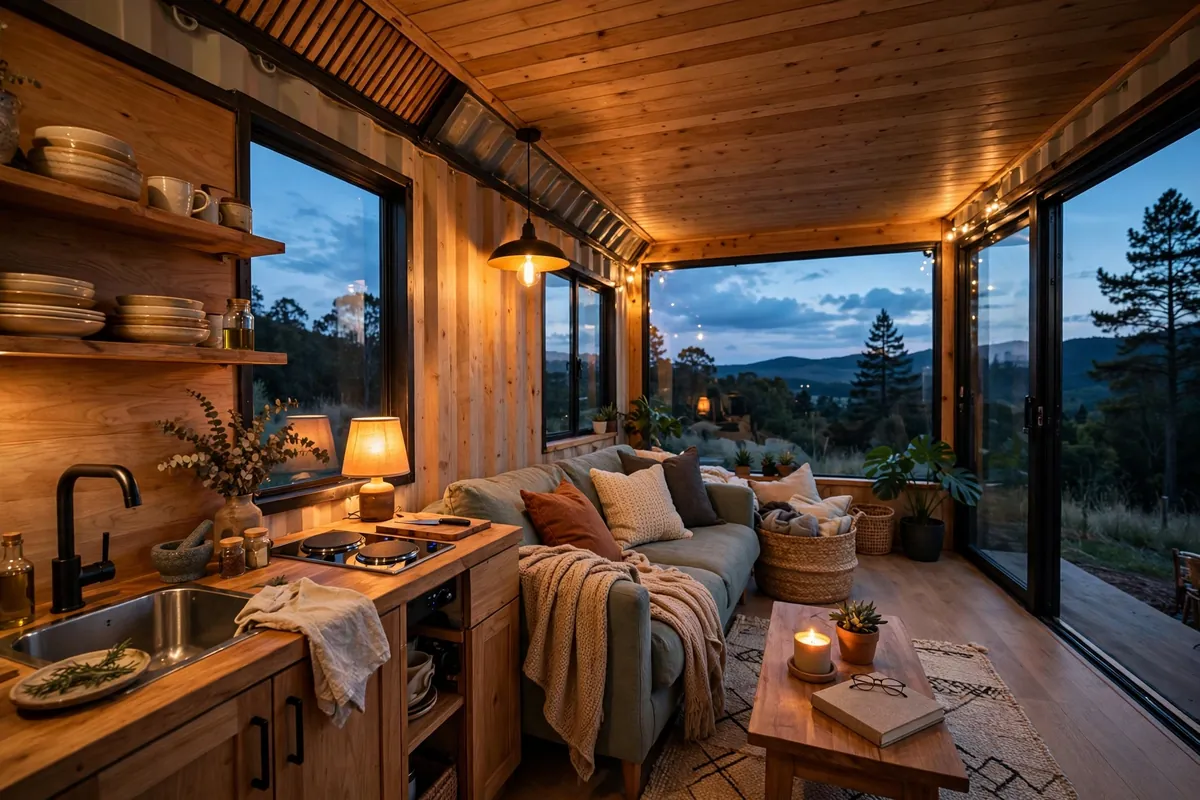 Warm finished shipping container home interior at dusk with kitchen, sofa and glowing windows