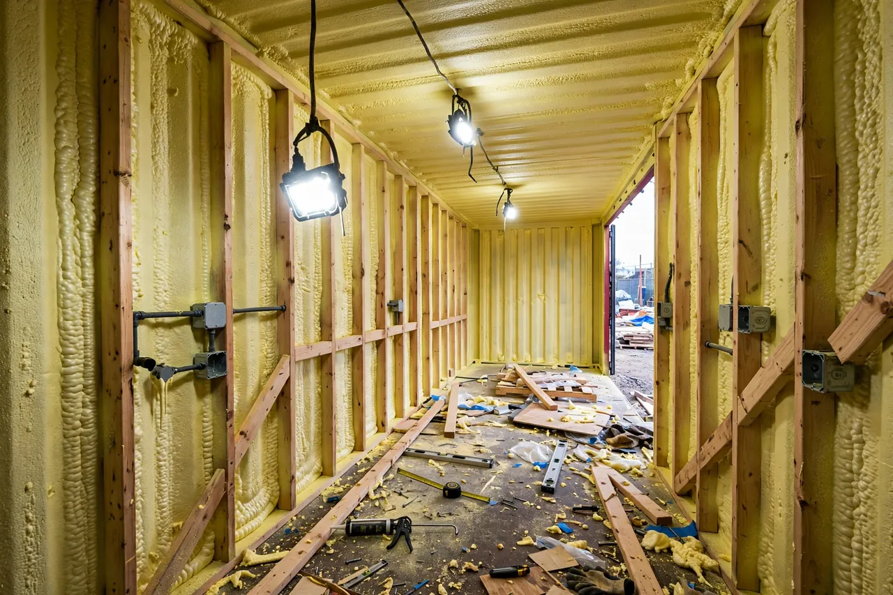 Interior of a shipping container during construction with closed-cell spray foam insulation on walls and wood framing