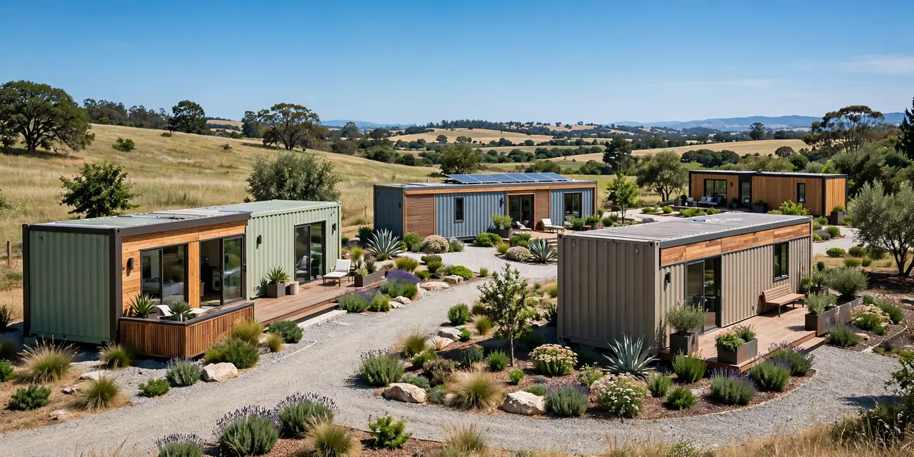 Bright modern shipping container home community with landscaped gardens in a sunny rural setting