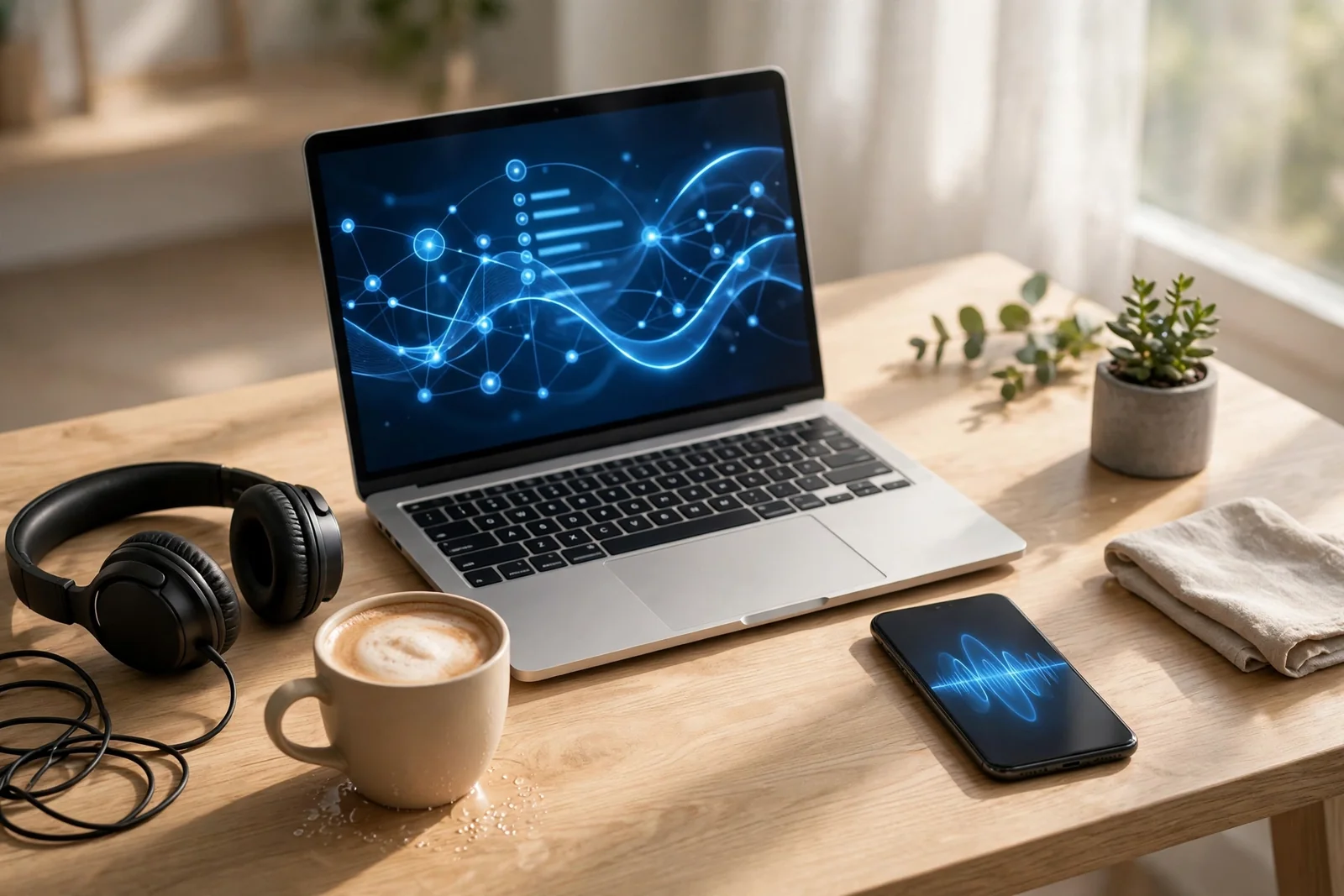 Laptop and phone on a desk running ChatGPT with voice and chat on screen