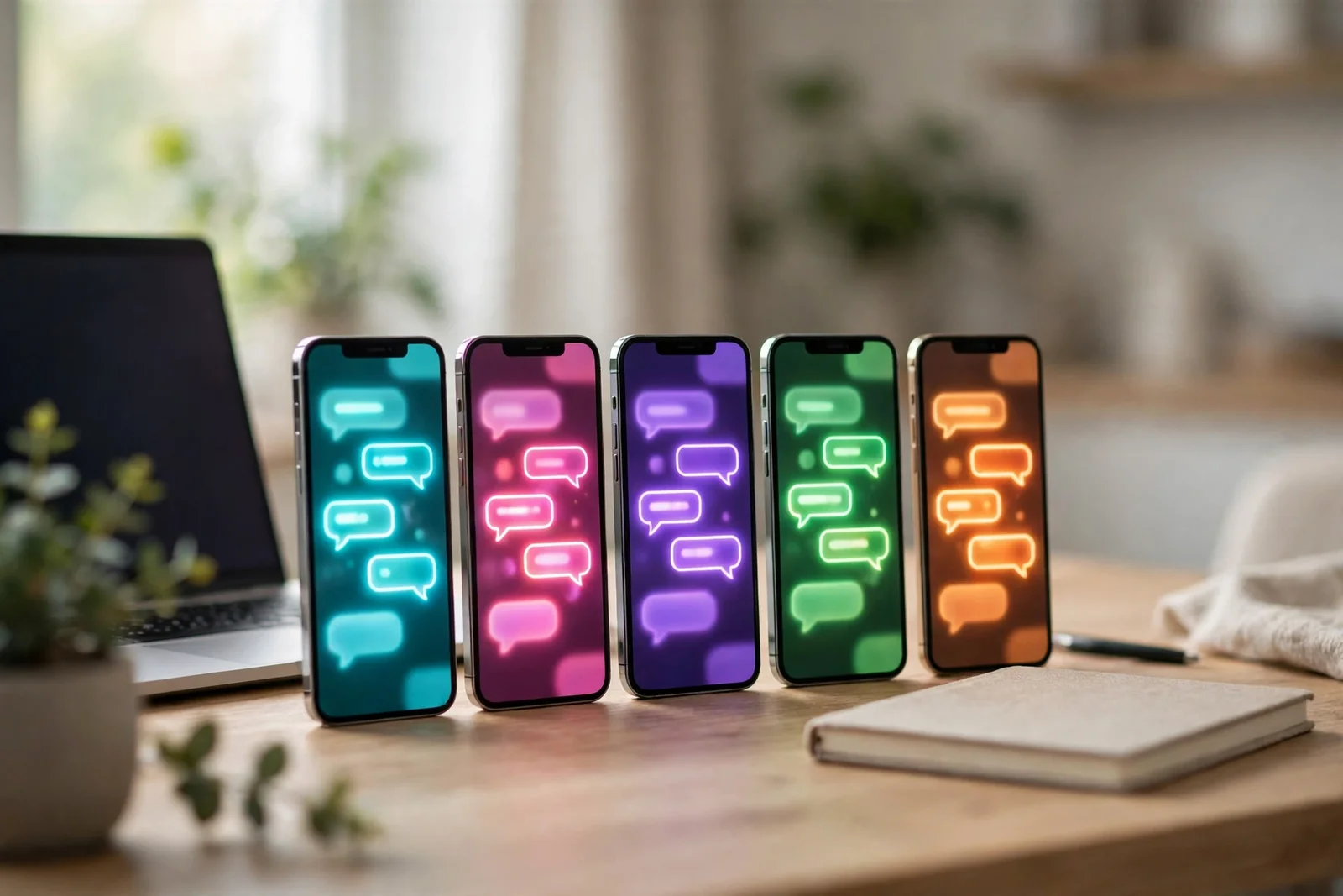 Five smartphones on a desk, each running a different AI chatbot during the same test