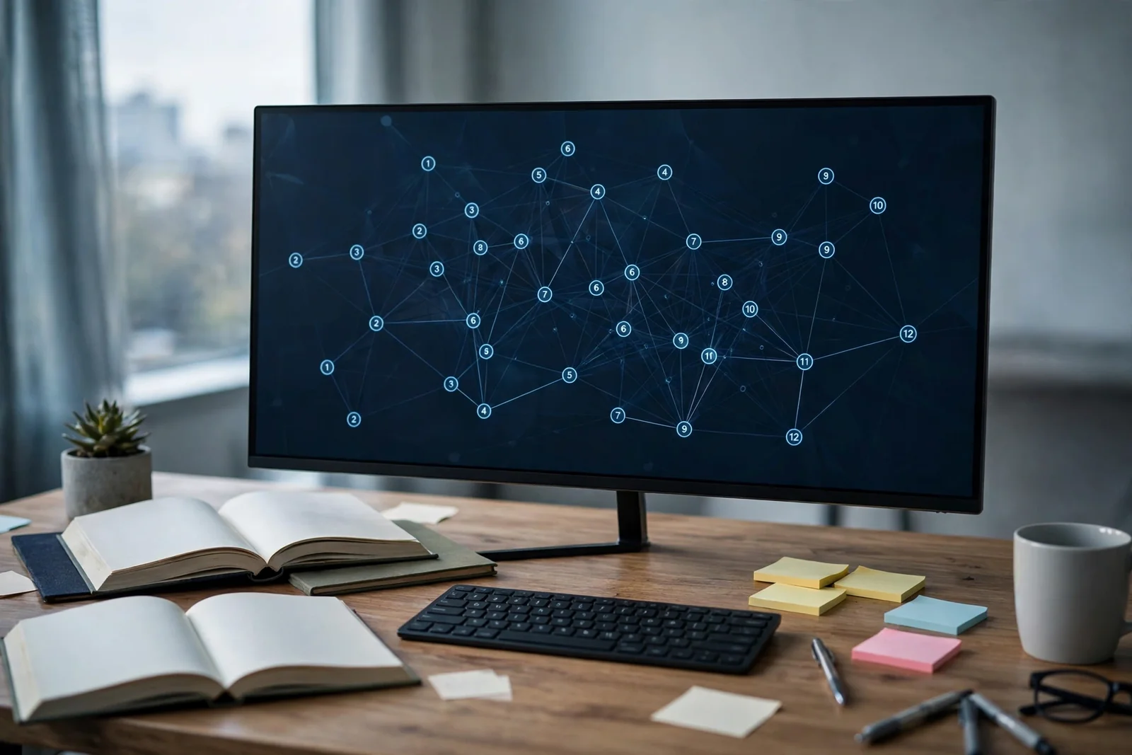 Research desk with a monitor showing sourced answers during the fact check test