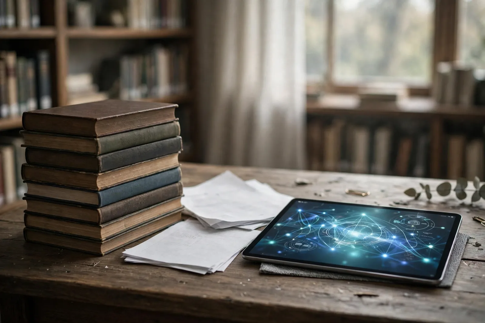 A stack of thick books and a report beside a tablet on a library desk