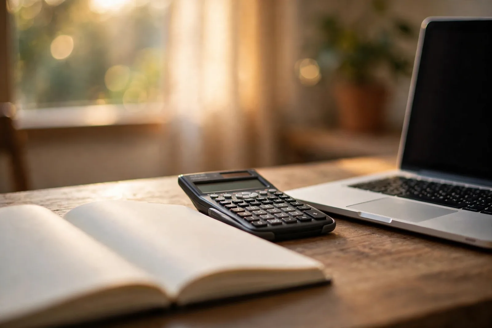 Notebook and calculator beside a laptop for a math test