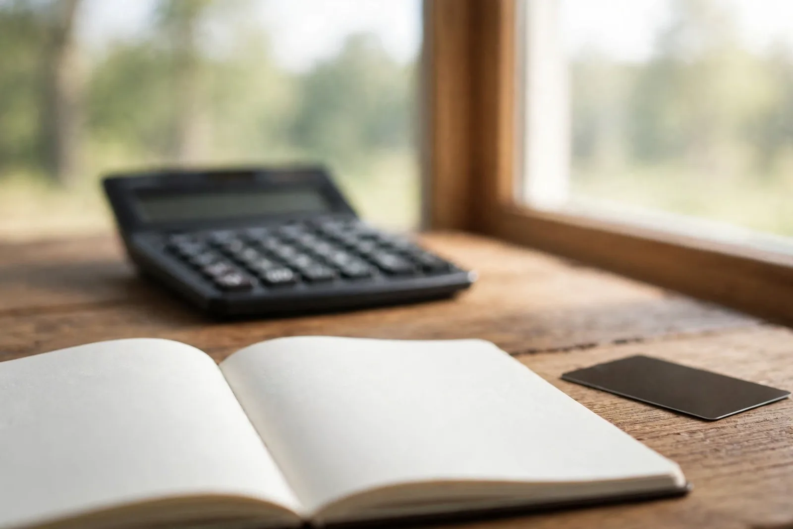 A desk with a calculator and notebook, thinking through subscription costs