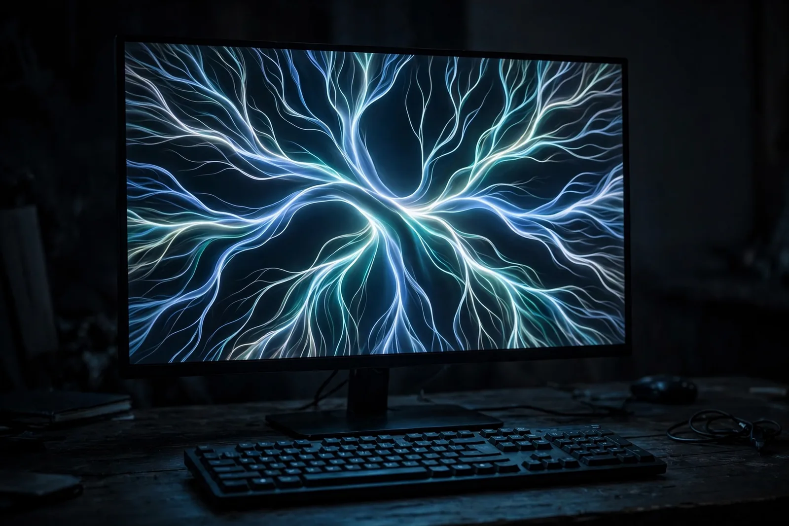 Abstract branching light paths representing AI reasoning