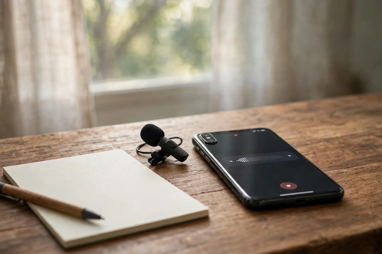 Smartphone recording a voice memo on a wooden desk beside a small microphone and a blank notepad