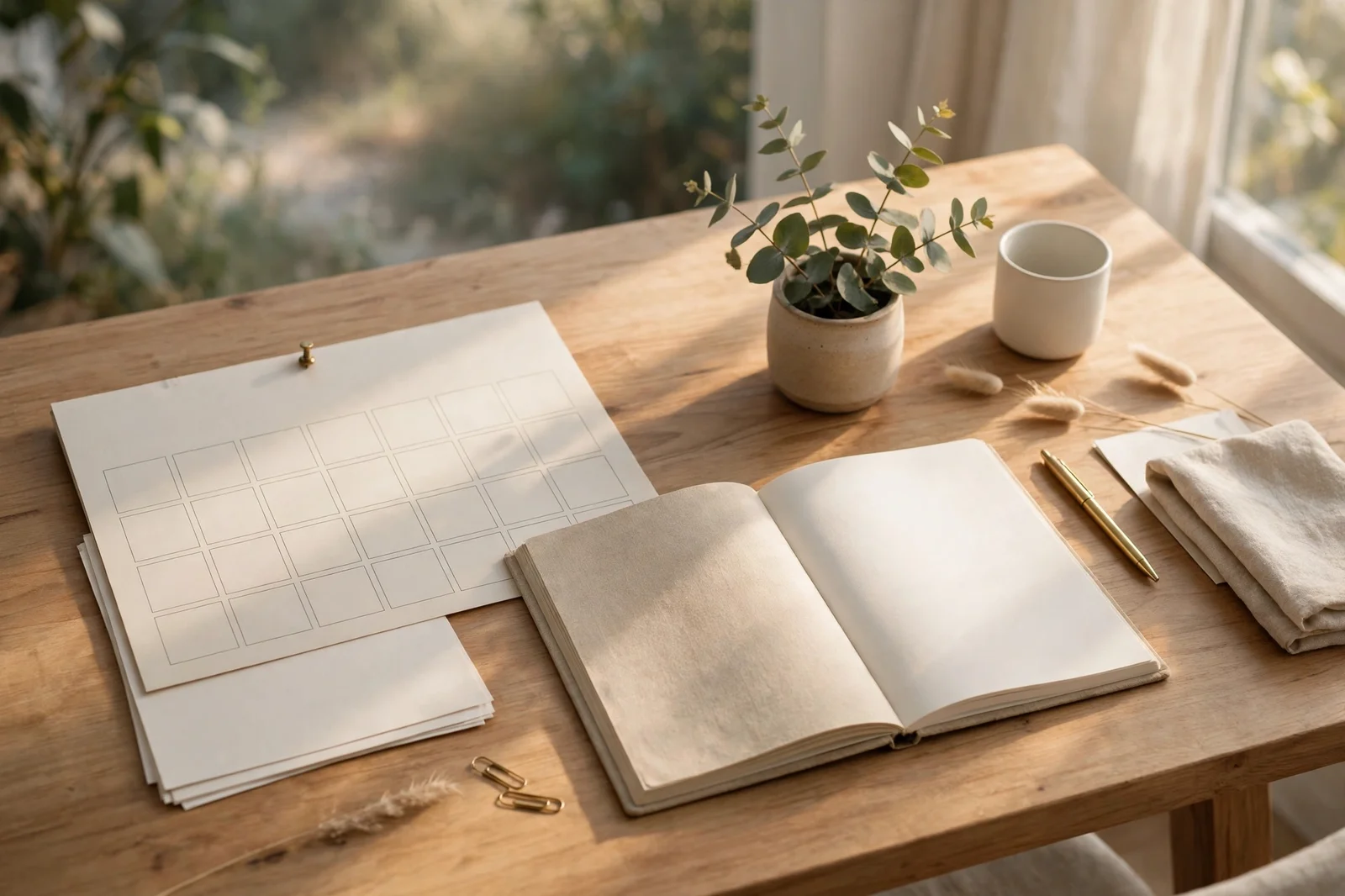 A blank calendar page and open notebook on a sunny desk