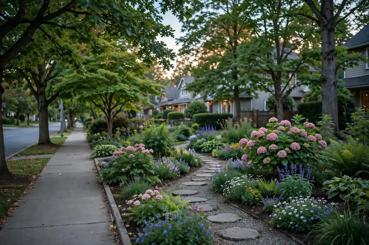 A quiet tree lined sidewalk beside a garden in soft evening light