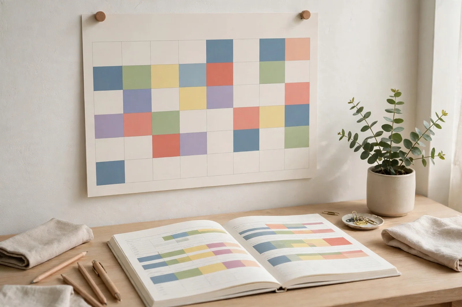 Wall calendar with colored time blocks above a desk planner in soft daylight