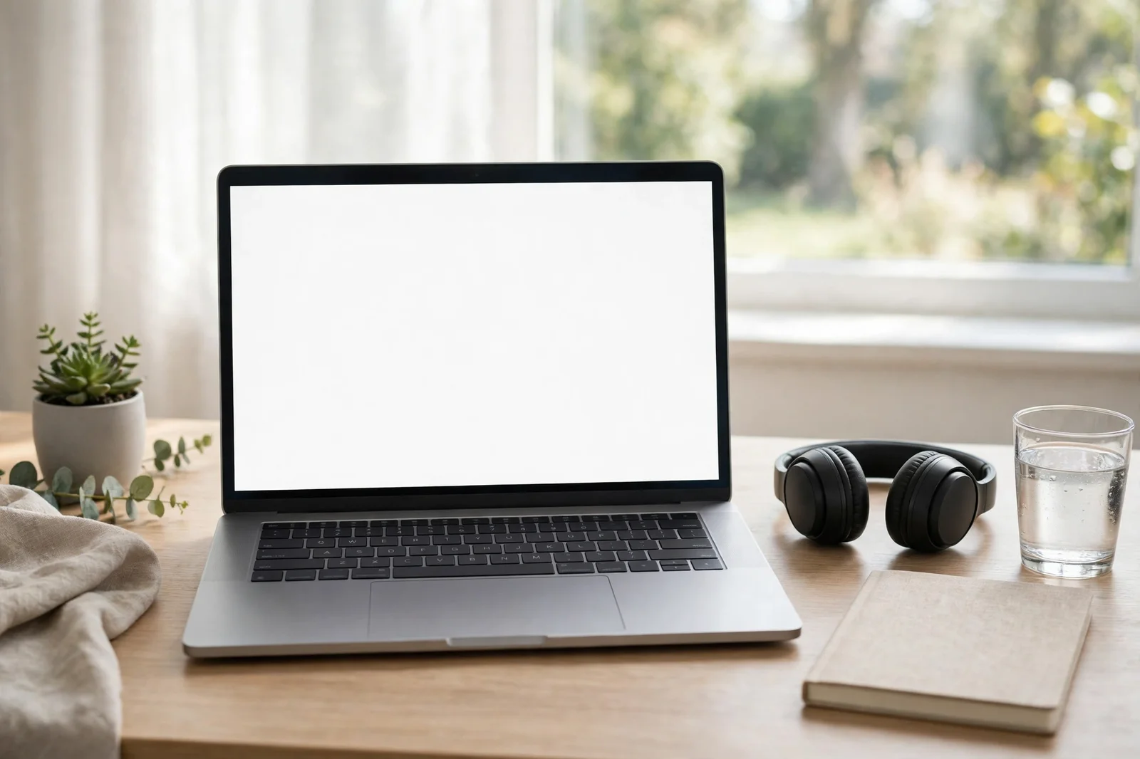 Laptop on a bright desk with headphones and a notebook, ready for turning a voice recording into a document