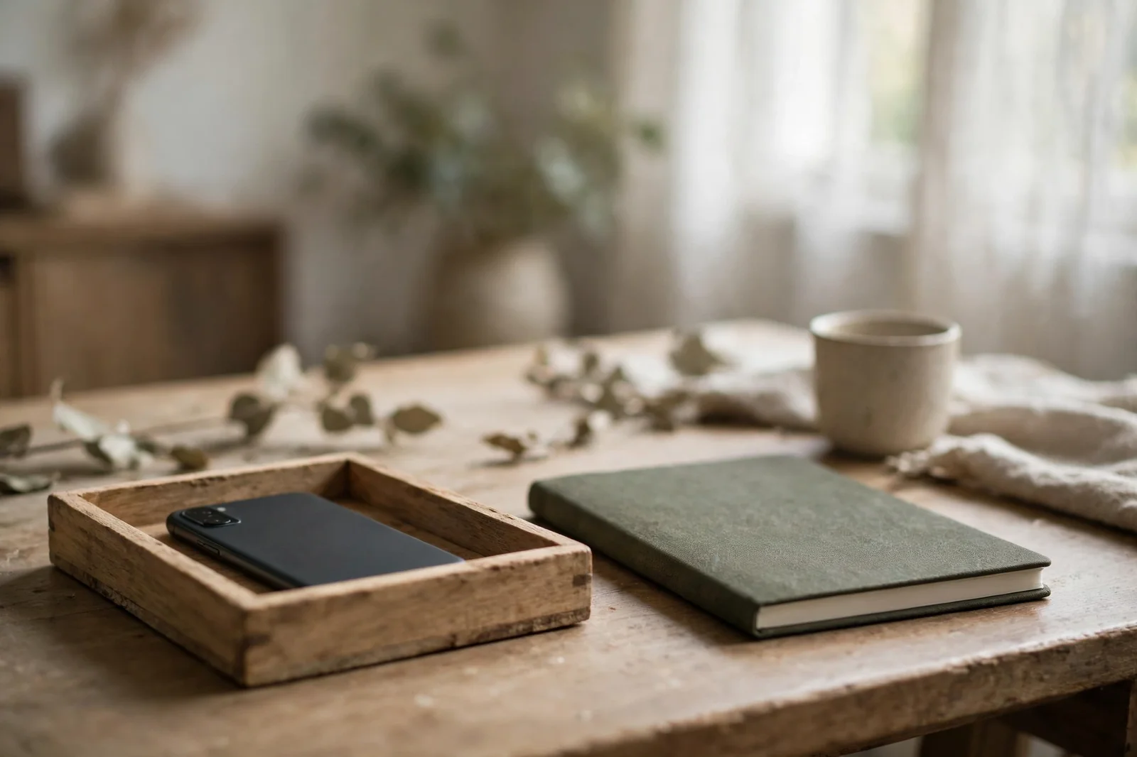 A phone face down in a wooden tray beside a closed notebook