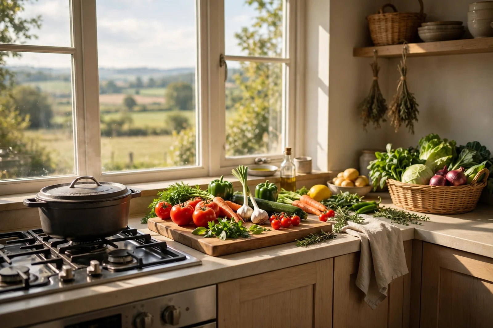 Sunlit kitchen counter with fresh vegetables, a cutting board and a cooking pot on the stove
