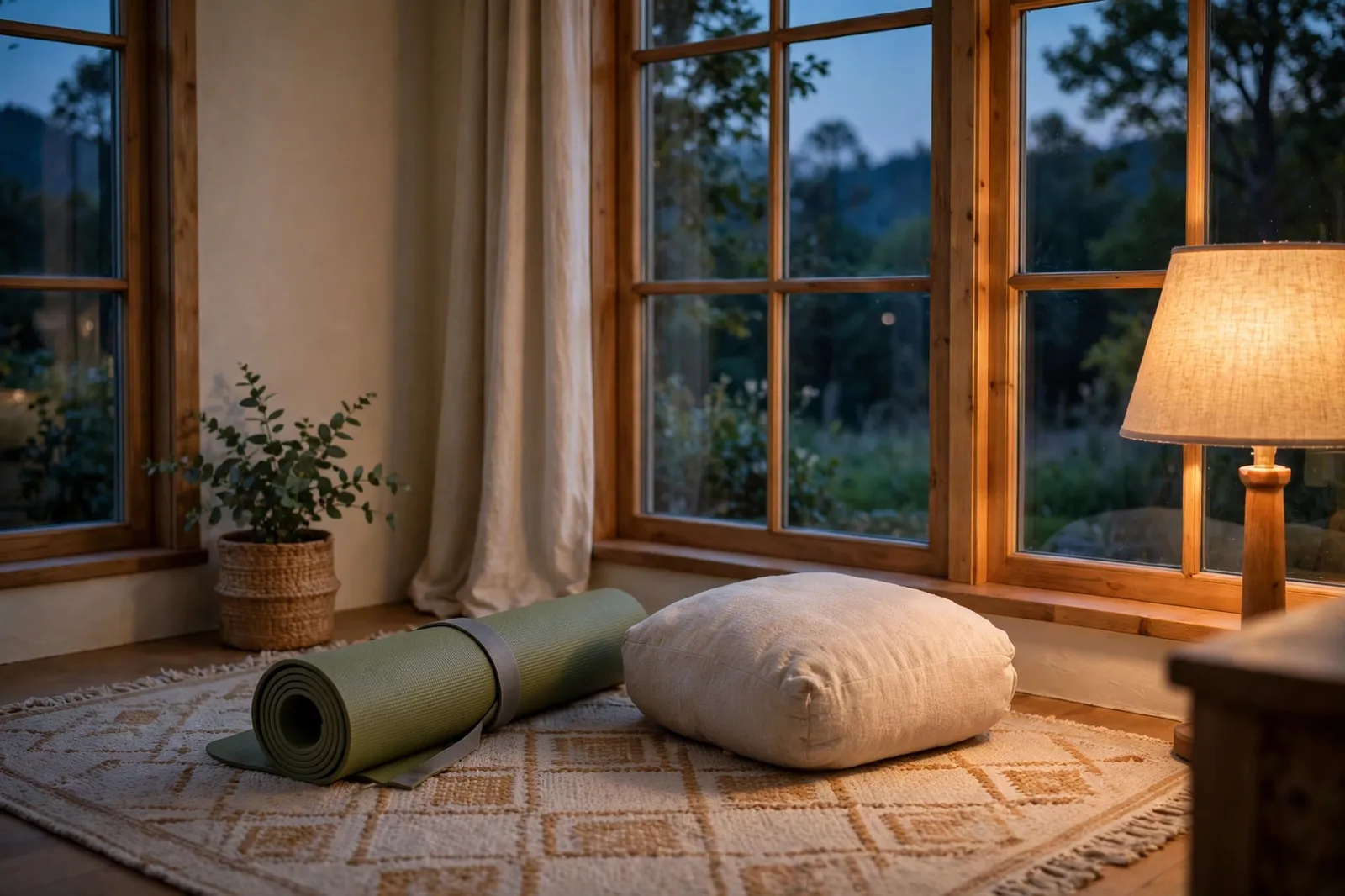 A calm living room corner with a rolled mat and a cushion beside a warm lamp