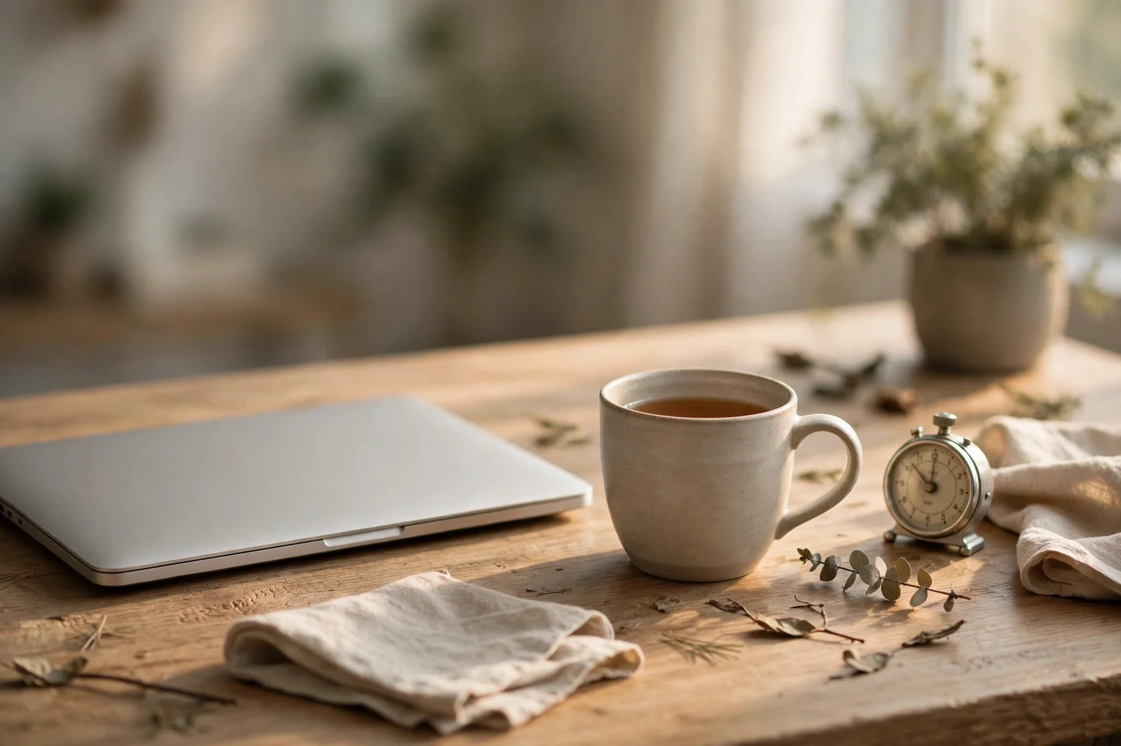 Closed laptop, cup of tea and a small timer resting on a wooden desk in soft light