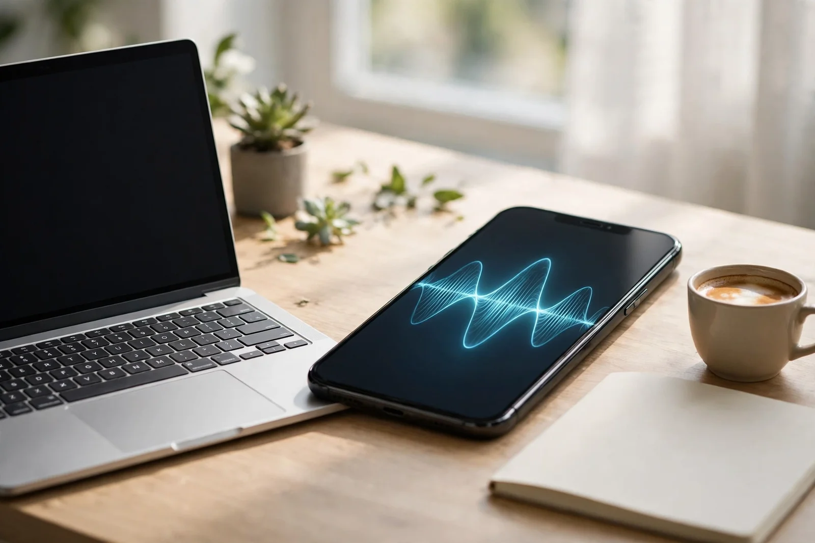 Smartphone and laptop side by side on a desk, the phone screen showing a glowing sound wave