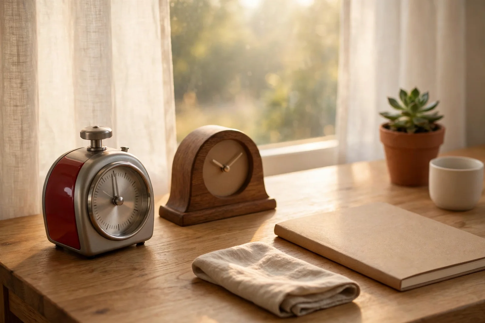 A timer and a desk clock on a wooden desk in morning light