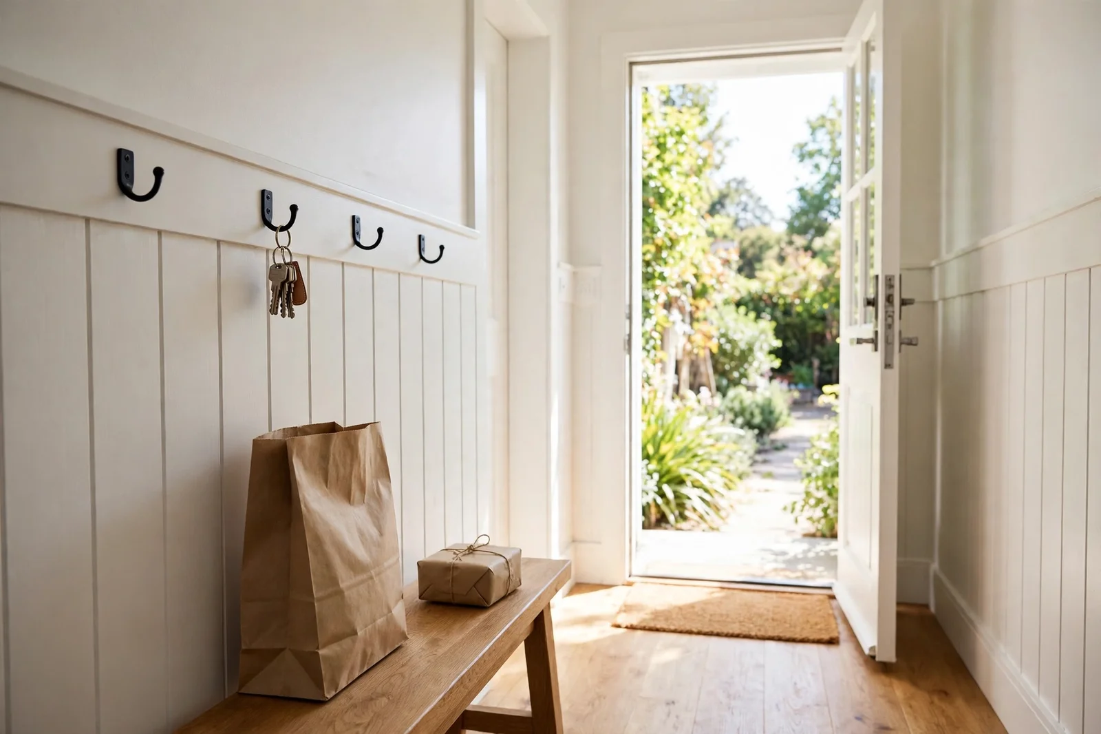 Bright hallway with a paper shopping bag and a small parcel on a bench beside an open front door