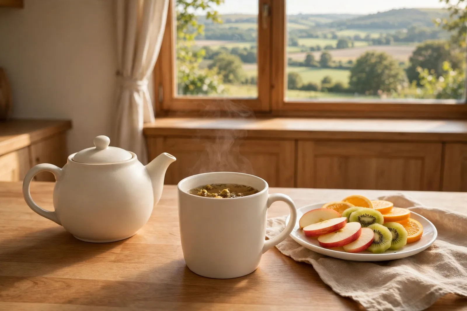 A kitchen table with a pot of herbal tea and a plate of sliced fruit in warm light