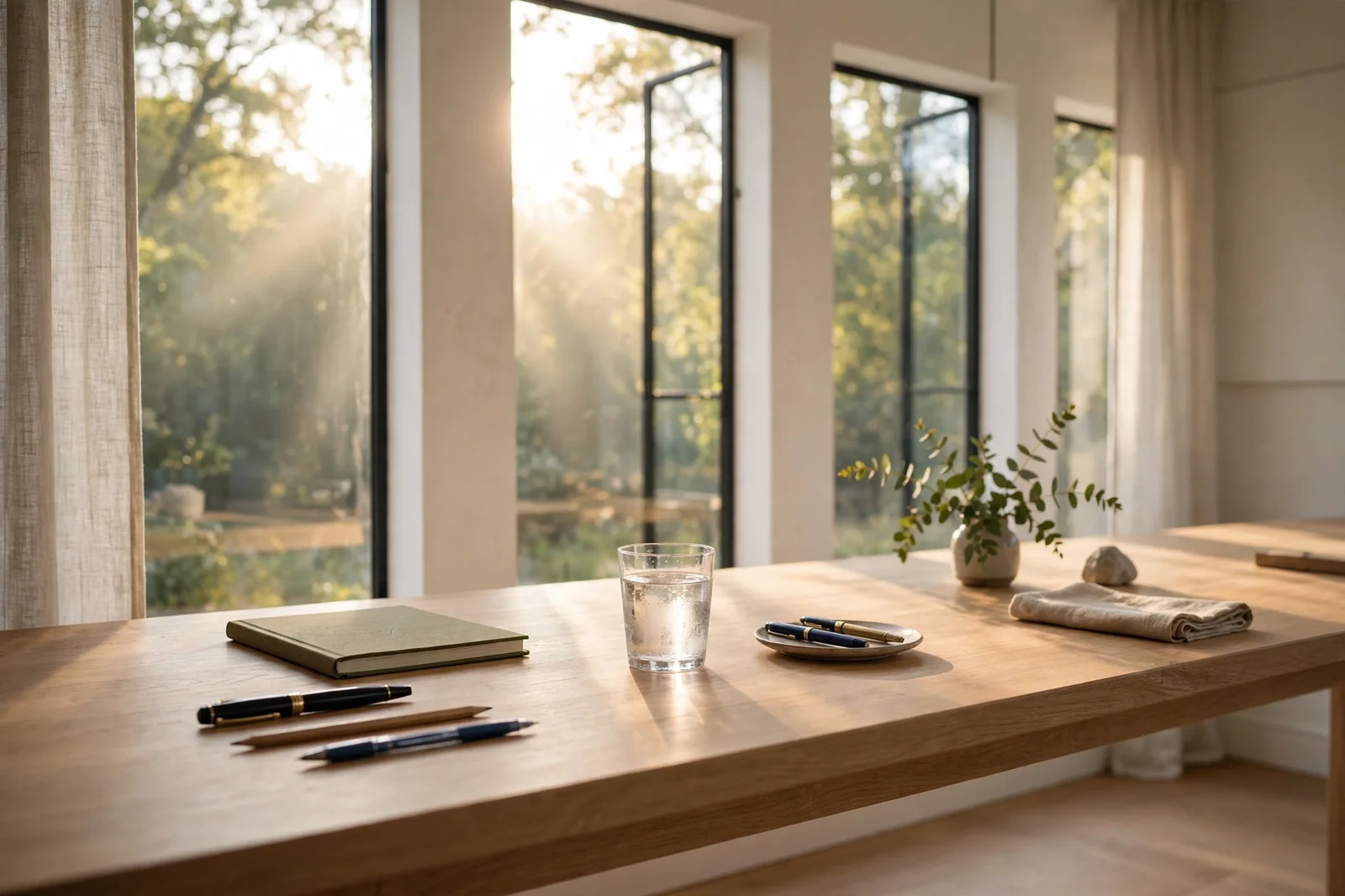 Long writing desk in a bright room with morning sun, notebook, pens and a glass of water