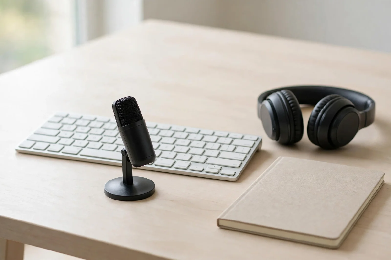 Desktop microphone beside a keyboard and headphones on a bright clean desk